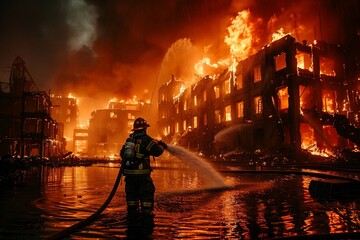 A brave young firefighter is spraying water on the raging flames with a hose - obrazy, fototapety, plakaty