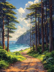 An inviting digital illustration depicting a sunlit forest path winding towards a serene rocky beach, with towering pine trees and fluffy clouds.