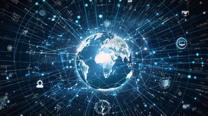 Obraz premium A digital globe surrounded by various types of data icons, representing global data exchange