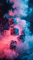 A colorful smoke with dice floating in the air against a black background