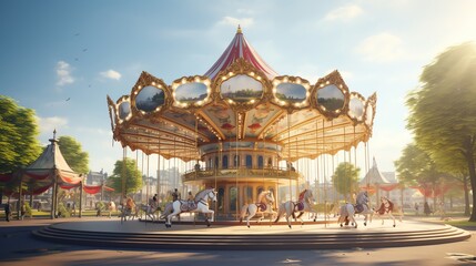 Fototapeta premium Describe the excitement and anticipation of a grand carousel unveiling ceremony in a small town, where the entire community comes together to celebrate