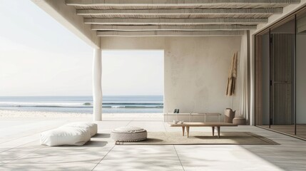 Explore the use of minimalistic design principles to depict a serene summer beach setting, focusing on simplicity and tranquility ​