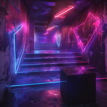 A dark, cyberpunkstyle corridor with neon lights and futuristic elements The walls have rough textures and there is an illuminated staircase leading to the upper floor On one wall