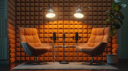 Two cozy chairs and studio microphones for podcast or interview.