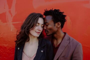 Horizontal shot of mixed race, couple stand closely to each other, isolated over background.