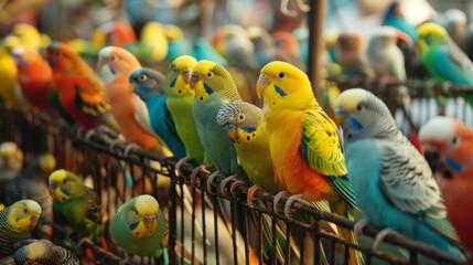 Obraz premium Colorful birds on fence in cage