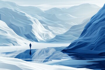 A man is walking on a snowy mountain - obrazy, fototapety, plakaty