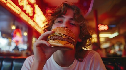 Candid Shot  Genre Fast Food  Emotion Satisfying  Scene Eating a juicy cheeseburger at a diner ...