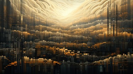 Abstract binary code patterns forming abstract landscapes and structures