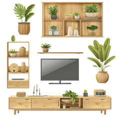 A living room with a wooden shelf and a television