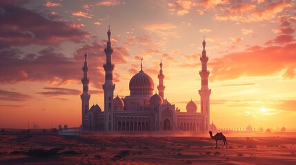 A magnificent mosque in the desert, with detailed minarets and intricate Islamic architecture, bathed in the warm glow of a sunset