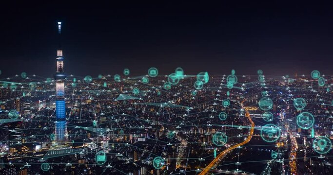 4K resolution Aerial view Time lapse of Tokyo skyline with network connections line. Internet of Things And smart city concept, Technology-Futuristic concept