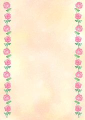ピンクのバラを左右に配した縦型背景-ベージュ背景