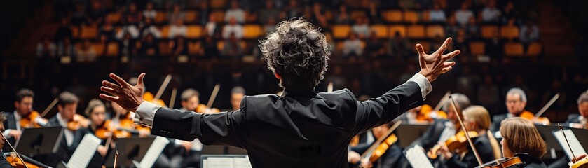 The conductor, with arms outstretched in fervent movement, guides the symphony orchestra in a magnificent performance on the elegant stage of a renowned music venue, eliciting awe from the spectators.
