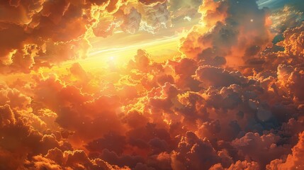 An ethereal depiction of the divine realm, illuminated by radiant beams of golden light filtering through soft clouds.