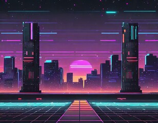 Retro cyberpunk style 80s game scene pixel art 8-bit sci-fi background