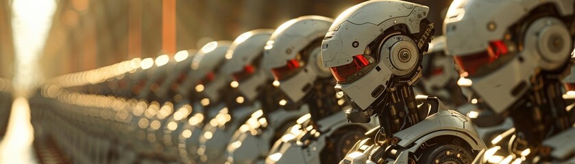 Robots, with a humanoid appearance, are patiently lined up in an aesthetically pleasing formation, ready for their next task in the future.