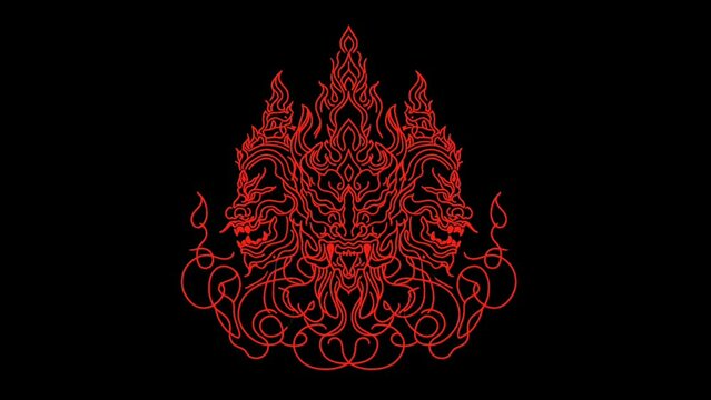 A white drawing of a demon with flames on a black background. Demon coloring and line style.