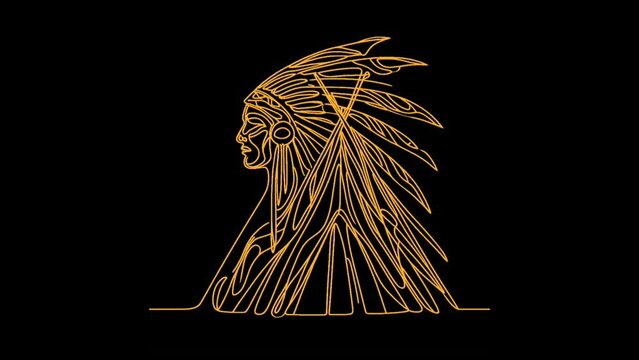 A drawing of a Native American man with a headdress and feathers. Feathers coloring and line style.