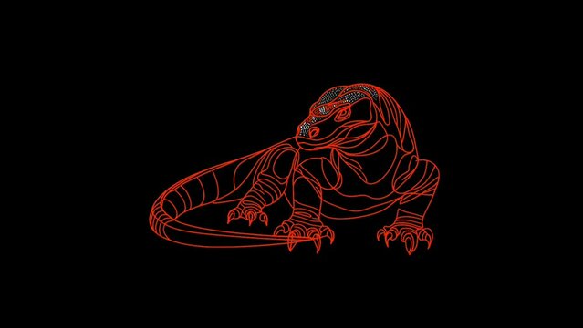 A Komodo dragon with a long tail and sharp claws. Komodo dragon color line style.