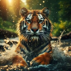 Tiger in river and playing with water.