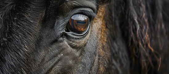 Detailed view of the eye of a horse, showcasing the intricate patterns and textures, with the surrounding background intentionally blurry - obrazy, fototapety, plakaty