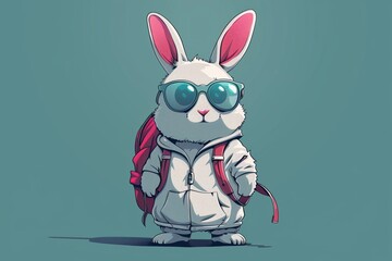 A digitally created bunny with sunglasses and a backpack in a cute chibi design.