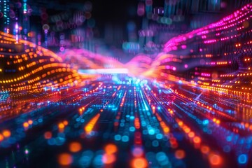 A conceptual analysis of a safe data exchange method illustrated with bright streams of data in neon hues.