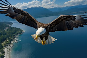 An eagle soars above the water, its wings outstretched as it glides effortlessly through the sky. Generative AI