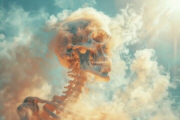 An eerie image of a cloud-covered human skeleton overlaid with a glowing aura.