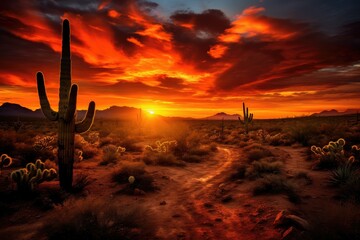A desert scene at sunset with a cactus in the foreground. Generative AI