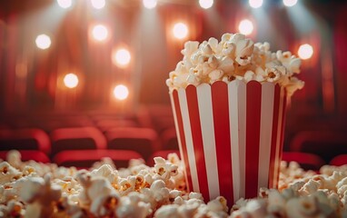 A close-up shot capturing a overflowing popcorn cup with red and white stripes in a cinematic environment.