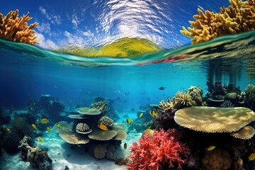 A view of a colorful coral reef teeming with marine life, with a majestic mountain visible in the background. Generative AI