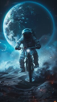 A space biker, with helmet and spacesuit, is riding on the moon against an illuminated Earth in the background The bike has black wheels and no frame