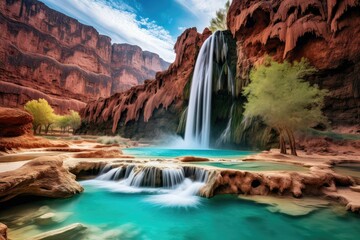 A painting depicting a powerful waterfall flowing through a majestic canyon surrounded by towering hills. Generative AI
