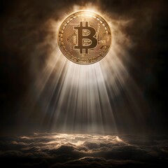 Bitcoin emerging from divine light, godly presence in the shadows, close-up, serene halo effect. - obrazy, fototapety, plakaty
