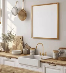 Mockup frame set in farmhouse kitchen interior, Scandinavian style. Presented in 3D render. Made with generative AI technology