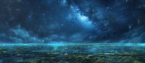 Vibrant artwork depicting a serene field with lush green grass, stretching under a spectacular night sky filled with countless twinkling stars - obrazy, fototapety, plakaty