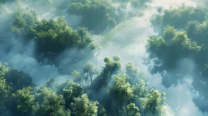 Ethereal Aerial Forest Impressionism Through 3D Rendered Lighting Techniques - obrazy, fototapety, plakaty