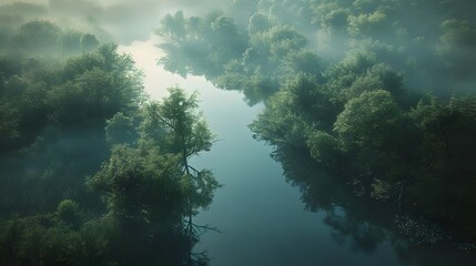 Fototapeta premium Ethereal Impressions of a Misty Woodland River Captured Through Aerial Photography with Experimental Lighting Techniques