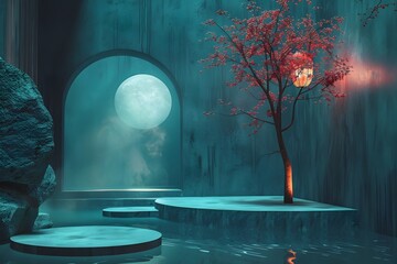Surreal Moonlit Landscape with Crimson-Tinted Tree Reflected in Tranquil Pond - obrazy, fototapety, plakaty