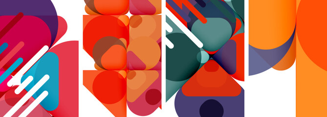 An artistic composition featuring a collage of colorful geometric shapes such as rectangles, triangles, and patterns in shades of orange, red, and electric blue on a symmetrical white background