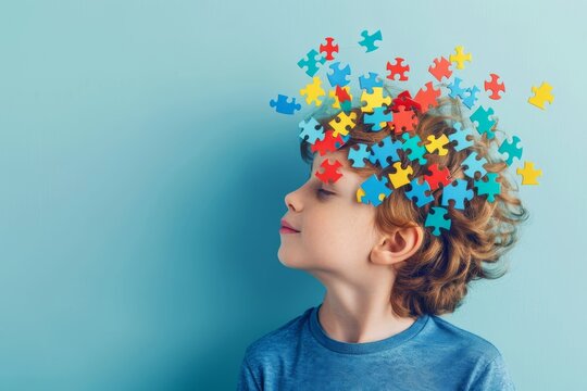 Boy with puzzle pieces exploding from head, autism awareness concept