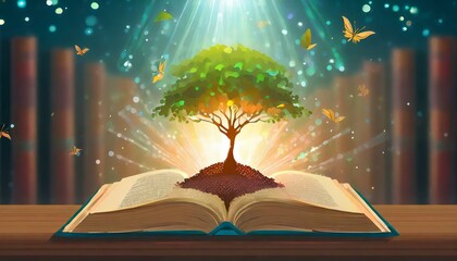 The concept of education by planting a tree of knowledge in the opening of an old book in the...
