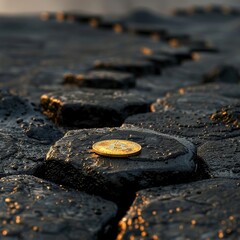 himalayan art, Realistic photograph of multiple black hexagons on the ground with one gold coin in the center, black background - obrazy, fototapety, plakaty