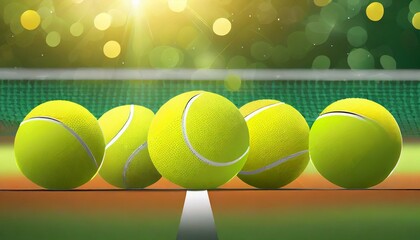 Close-up shots of tennis balls in tennis courts With a mesh as a blurred background And the light shining on the ground makes the image beautiful - Powered by Adobe