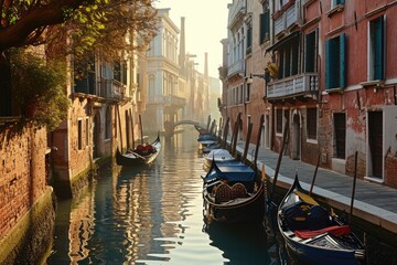 Fototapeta na wymiar A peaceful Venetian canal in early morning light with gondolas moored at the side, Early morning on the Canal,, Ai generated