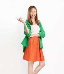 Cheerful beautiful Asian women wear colorful clothes and show hands with open palms to the side isolated on white background.