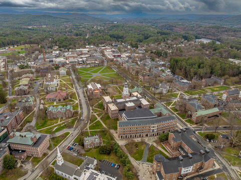 Spring aerial photo of Hanover, NH on a partly cloudy day.