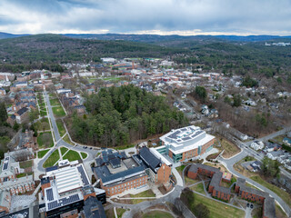 Spring aerial photo of Hanover, NH on a partly cloudy day.